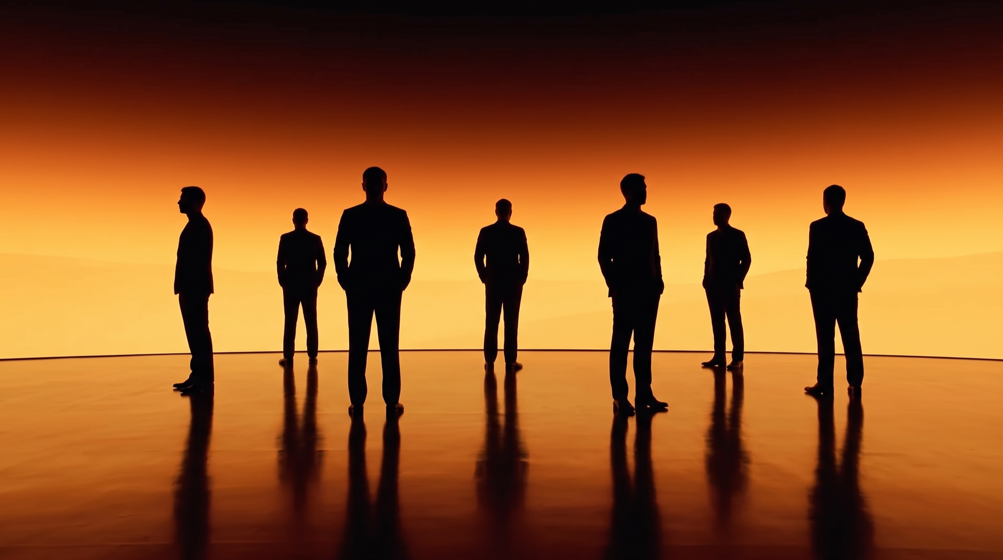 Silhouetted men in suits against an amber horizon